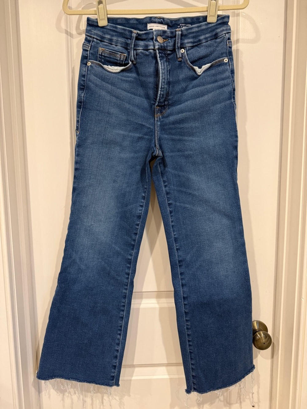 Good American Blue High-Rise Wide Leg Jeans with Frayed Hem